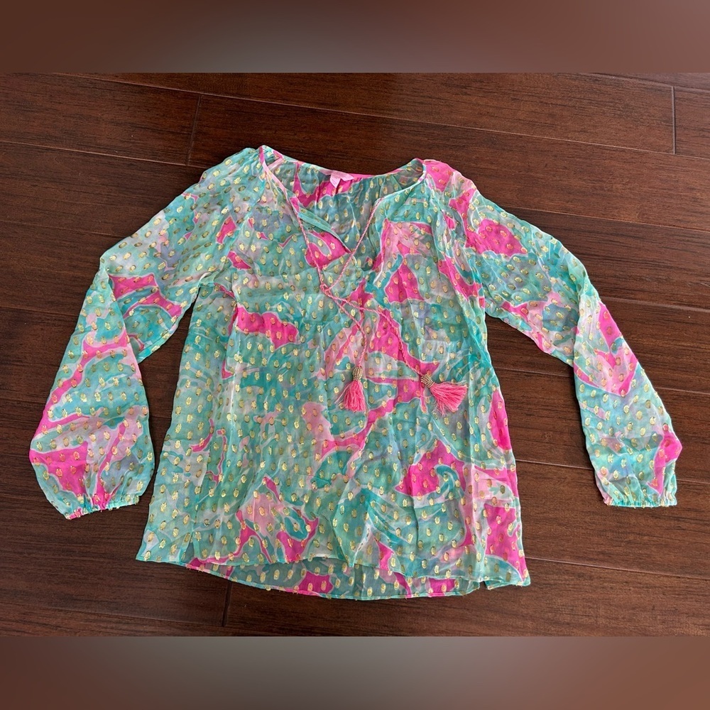 Lilly Pulitzer Rilla Top Silk Sheer Blouse 
Tropical Pink Sands 
Tassels Size XS